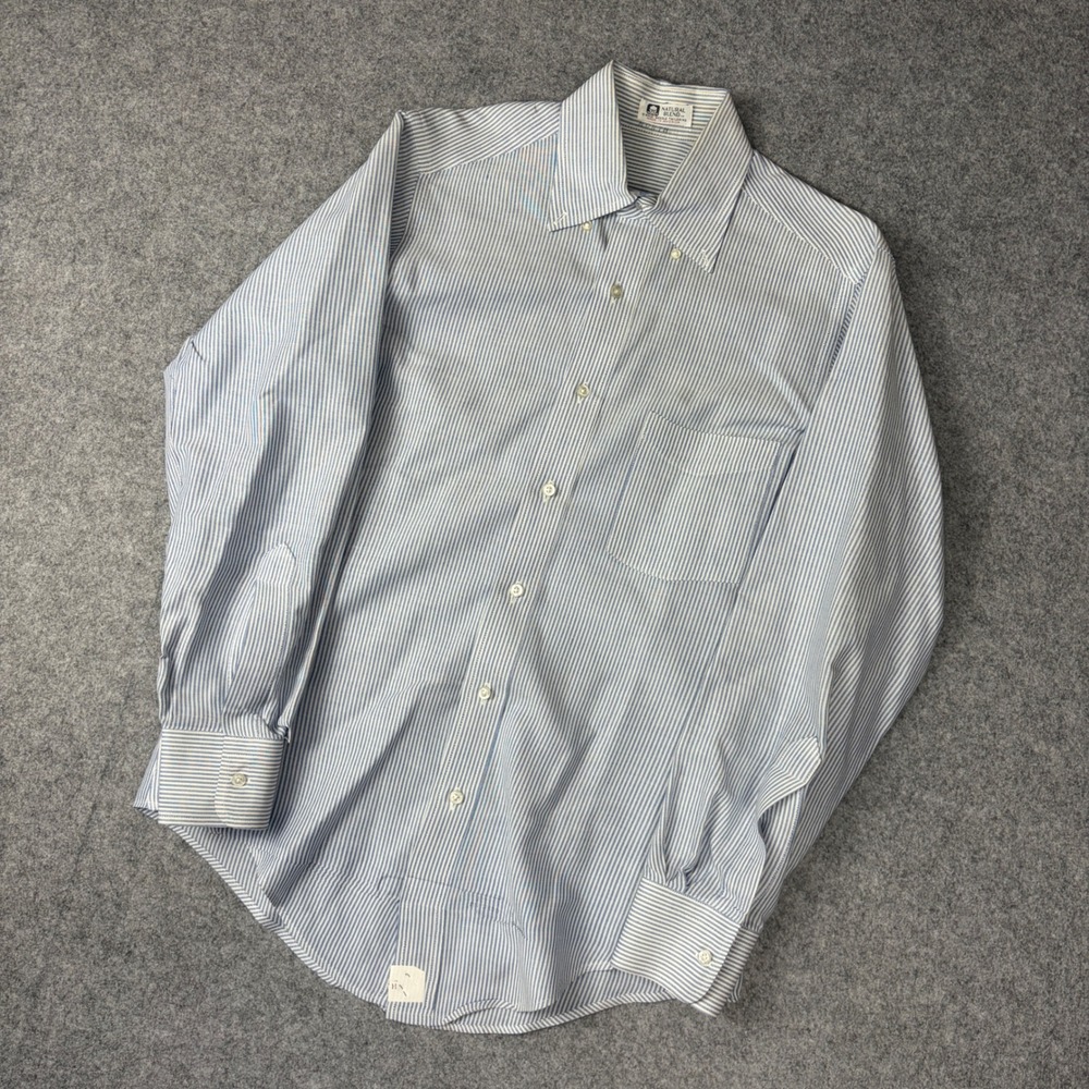 Vintage Natural Blend Mens Blue White Striped Button Down Shirt Made in USA L